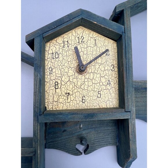 Wooden Clock with Built In Mini Shelves & Hooks Hearts 12" W Green Cottage Core - Picture 3 of 9